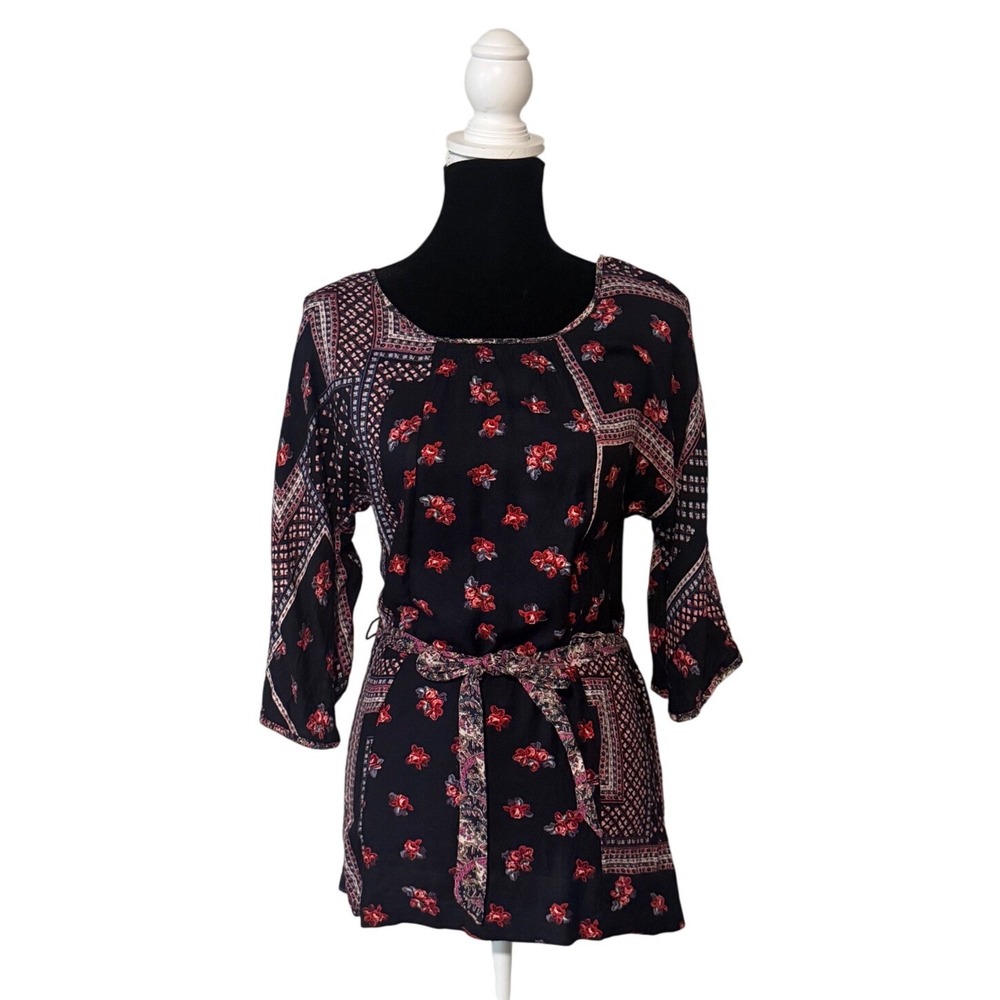 Edme & Esyllte Anthropologie Navy Floral Patchwork Tunic Tie Waist Top Small
